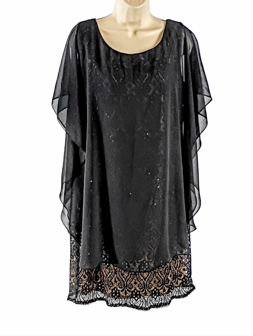 R & M Richards Black Chiffon Cape Overlay Sequin And Lace Midi Dress
